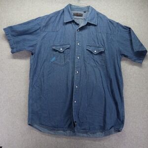 Real Ranch Shirt Mens XLT Tall Denim Western Cowboy Pearl Snap Blue Short Sleeve